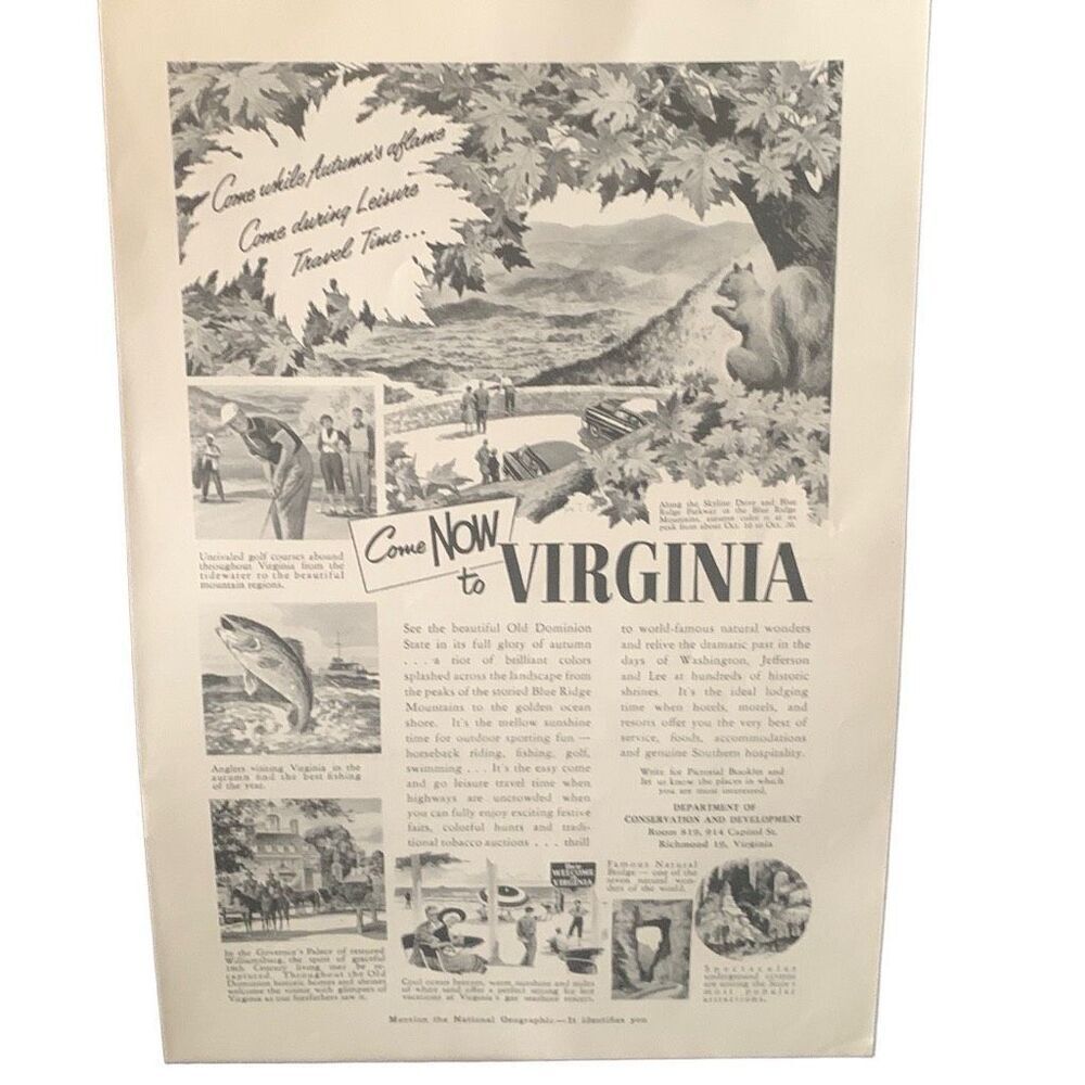 Vintage 1955 Virginia Come Now to Virginia Ad Advertisement